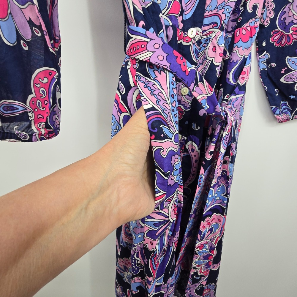 Talbots NEW Paisley Floral Shirt Dress Women 12P Blue Pink Cotton Belted Pockets - Picture 9 of 12